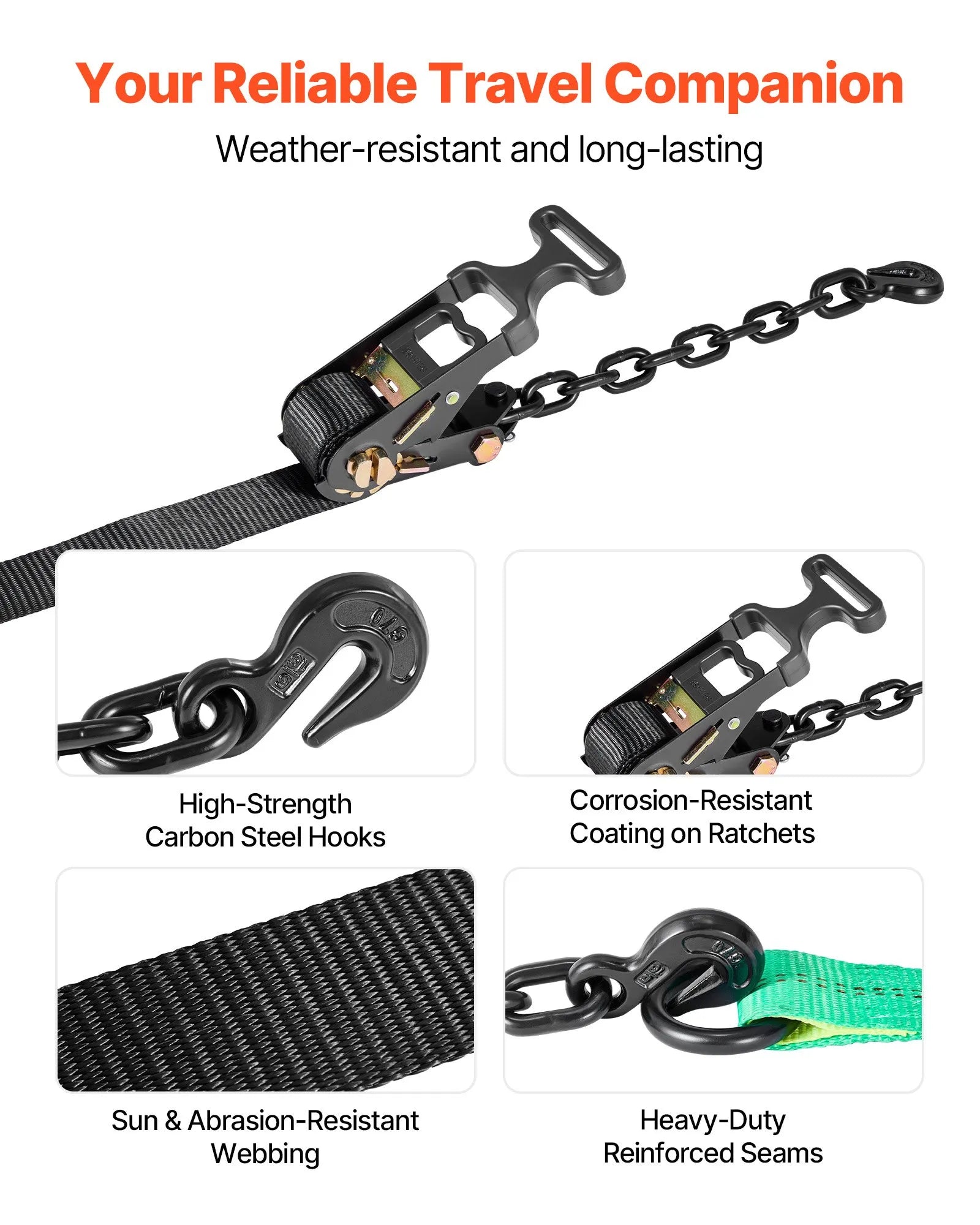 Heavy-Duty Wheel Chock Tie-Down Kit with Tire Straps & Ratchets, 10,009 lb Break Strength