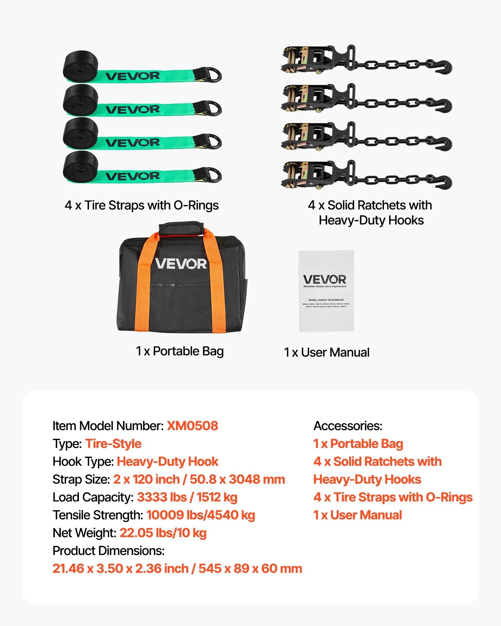 Heavy-Duty Wheel Chock Tie-Down Kit with Tire Straps & Ratchets, 10,009 lb Break Strength