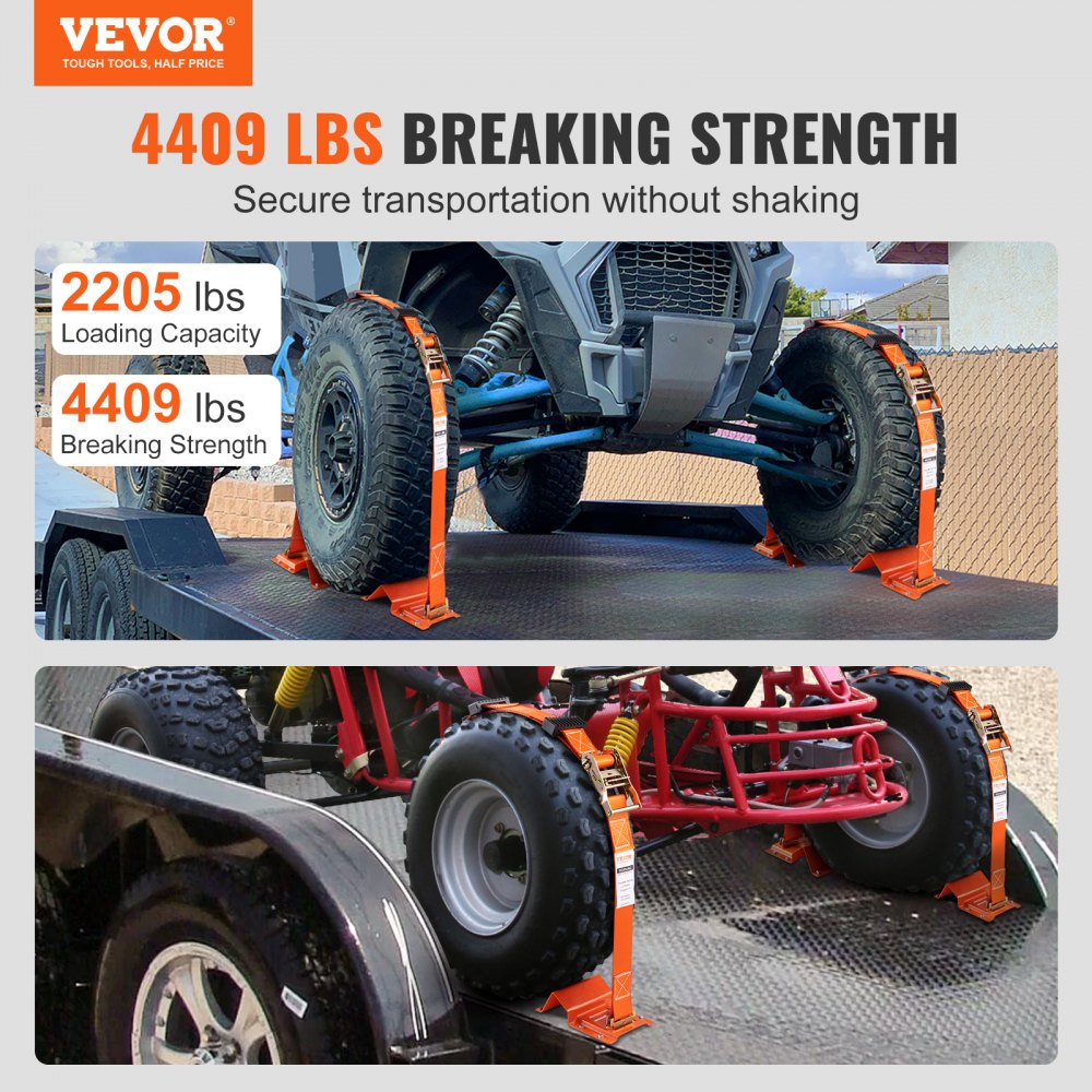 VEVOR Wheel Chock Tie Down Kit, 2" x 96" Tie Down Strap Kit, Heavy Duty Trailer Tie Down System for 10"-23" Wheels, ATV, UTV, Trailer, Mower, Wheel Chock & Tie-Down Accessories, 4-Pack 