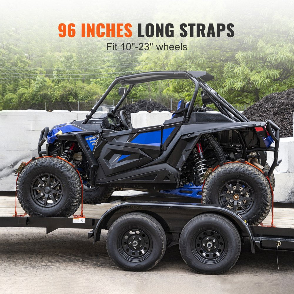 VEVOR Wheel Chock Tie Down Kit, 2" x 96" Tie Down Strap Kit, Heavy Duty Trailer Tie Down System for 10"-23" Wheels, ATV, UTV, Trailer, Mower, Wheel Chock & Tie-Down Accessories, 4-Pack 