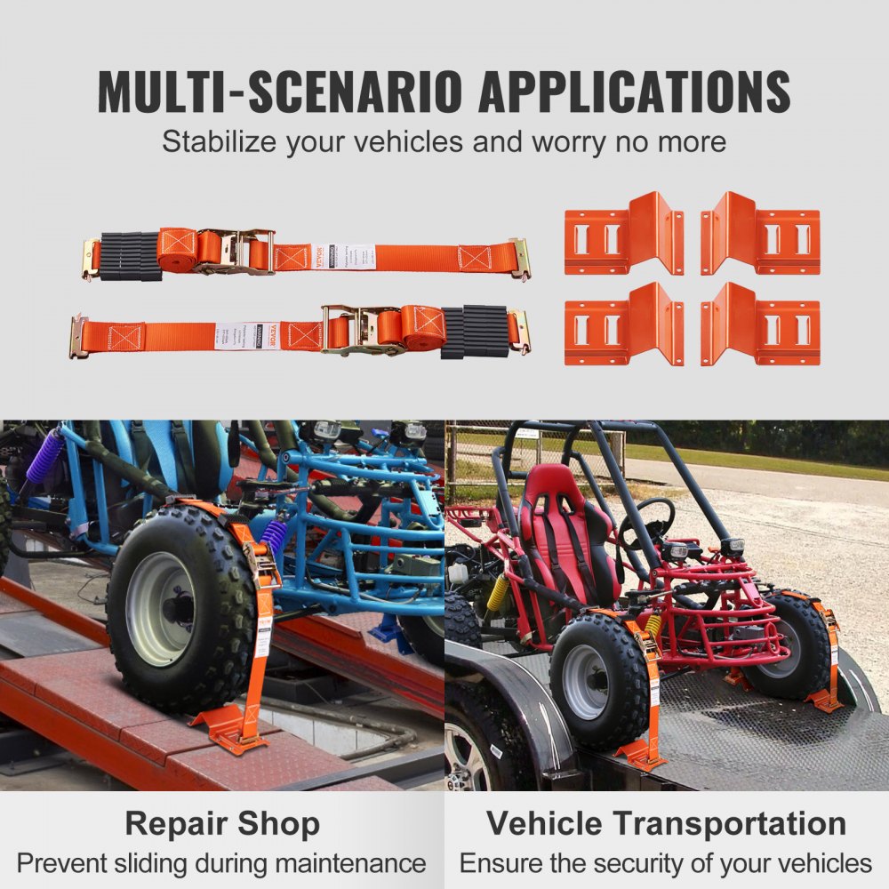 VEVOR Wheel Chock Tie Down Kit, 2" x 96" Tie Down Strap Kit, Heavy Duty Trailer Tie Down System for 10"-23" Wheels, ATV, UTV, Trailer, Mower, Wheel Chock & Tie-Down Accessories, 4-Pack 