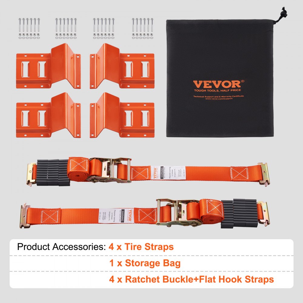 VEVOR Wheel Chock Tie Down Kit, 2" x 96" Tie Down Strap Kit, Heavy Duty Trailer Tie Down System for 10"-23" Wheels, ATV, UTV, Trailer, Mower, Wheel Chock & Tie-Down Accessories, 4-Pack 