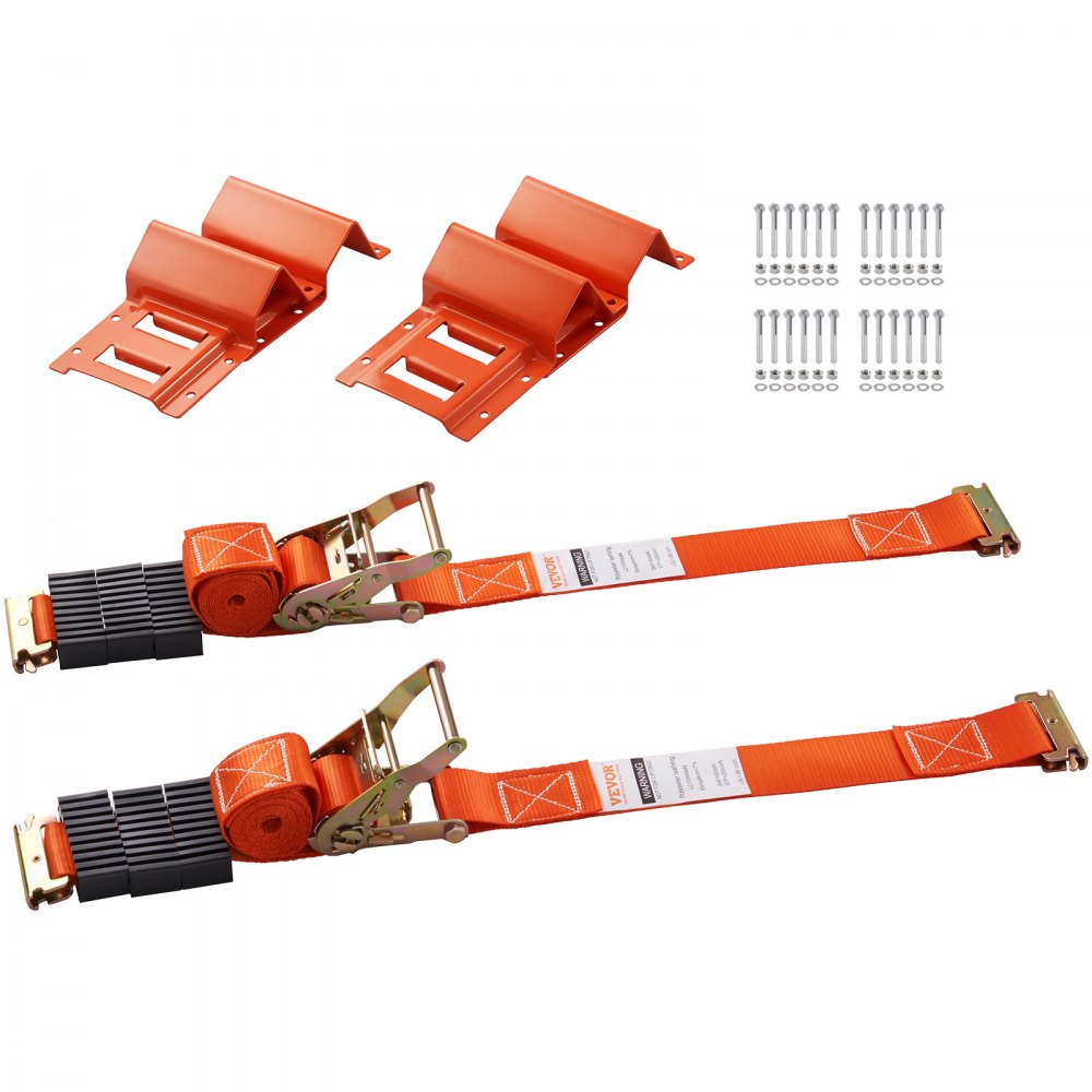 VEVOR Wheel Chock Tie Down Kit, 2" x 96" Tie Down Strap Kit, Heavy Duty Trailer Tie Down System for 10"-23" Wheels, ATV, UTV, Trailer, Mower, Wheel Chock & Tie-Down Accessories, 4-Pack 