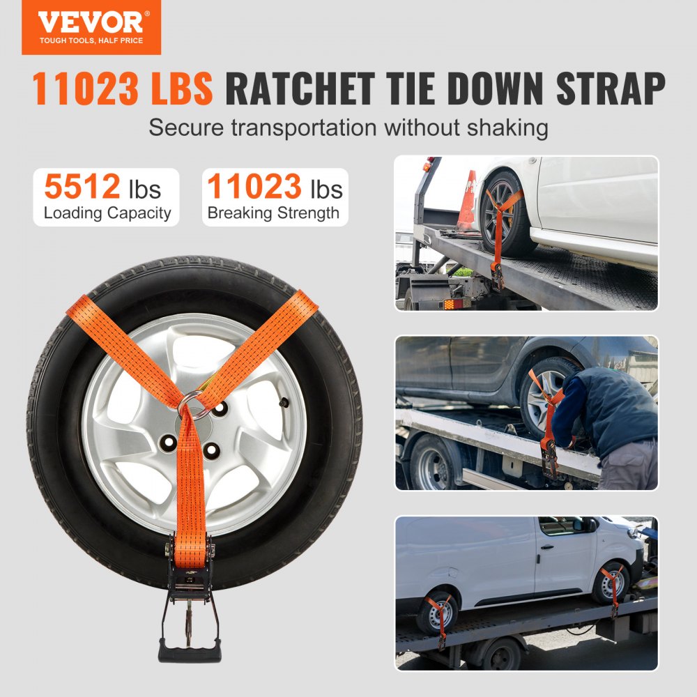 VEVOR Ratchet Tie Down Straps Kit, Lasso Style 2" x 120" Tire Straps, 5512 LBS Working Load, 11023 LBS Breaking Strength, Car Tie Down Straps with Snap Hooks for Passenger Car, Truck, Trailer, 4-Pack 