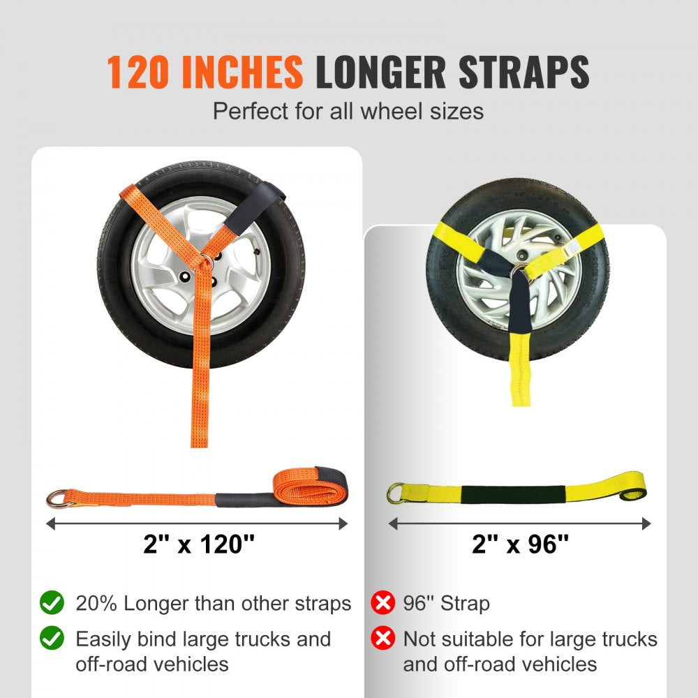 VEVOR Ratchet Tie Down Straps Kit, Lasso Style 2" x 120" Tire Straps, 5512 LBS Working Load, 11023 LBS Breaking Strength, Car Tie Down Straps with Snap Hooks for Passenger Car, Truck, Trailer, 4-Pack 