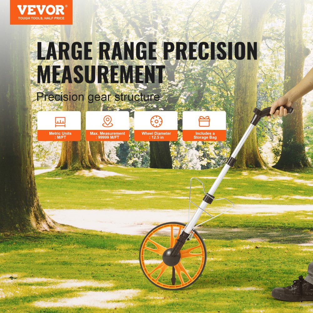 VEVOR Measuring Wheel in Feet and Inches,12.5 in Wheel Diameter, 40.94-27.95 in Telescoping Measure Wheel, Measurement 0-9,999Ft with Back Bag, Suitable for Lawn/Hard/Soft/Wood Road Measuring 