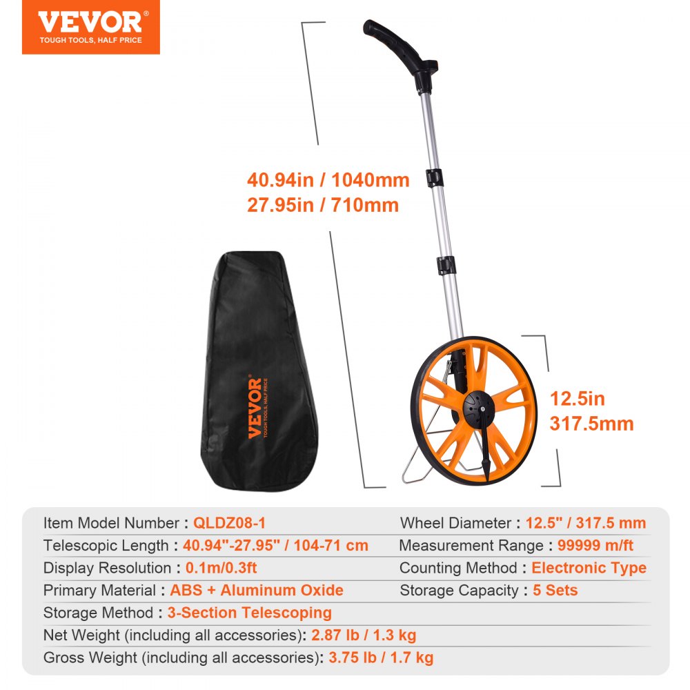 VEVOR Measuring Wheel in Feet and Inches,12.5 in Wheel Diameter, 40.94-27.95 in Telescoping Measure Wheel, Measurement 0-9,999Ft with Back Bag, Suitable for Lawn/Hard/Soft/Wood Road Measuring 