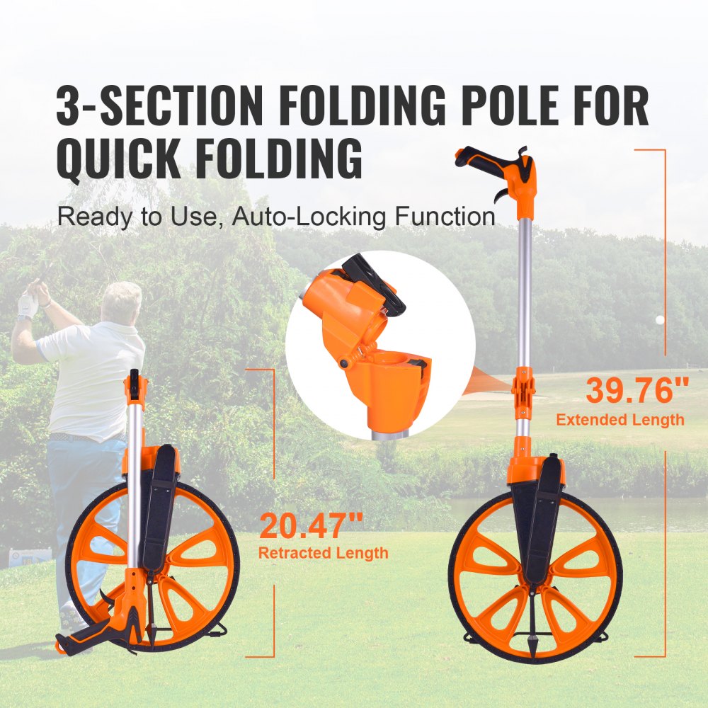 VEVOR Measuring Wheel in Inches, 12.5in Diameter Wheel, Centerline Design w/ Handbrake, 39.76-20.47 in Telescoping Measure Wheel,Measurement 0-9,999m with Bag, for Lawn/Hard/Soft/Wood Road Measuring 