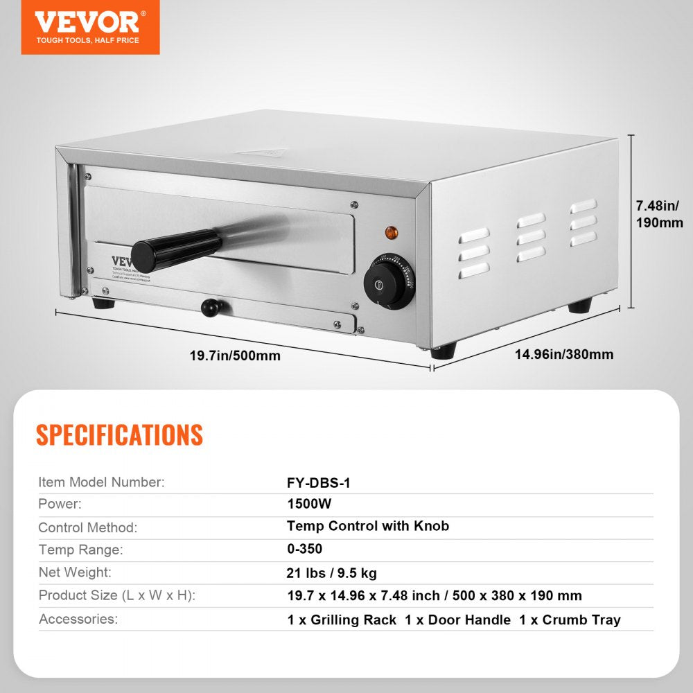 VEVOR Electric Pizza Oven 12-inch 1500W 122-662? Temp Range Removable Crumb Tray 
