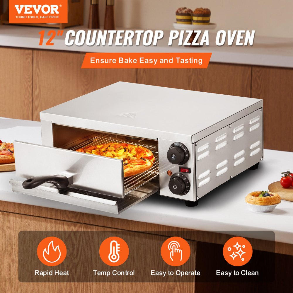 VEVOR Electric Countertop Pizza Oven 12" 1500W Adjustable Temp 0-120Min Timer 