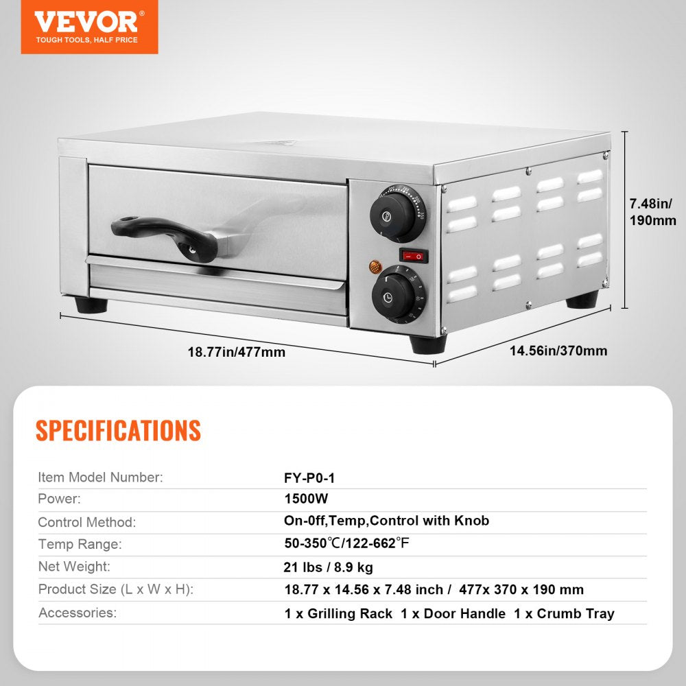 VEVOR Electric Countertop Pizza Oven 12" 1500W Adjustable Temp 0-120Min Timer 