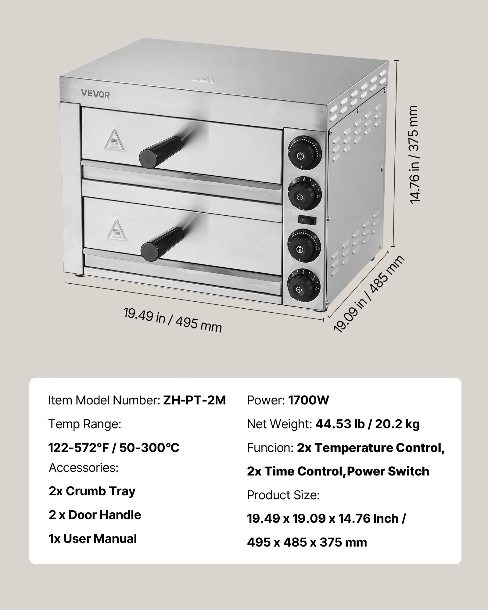 VEVOR Electric Countertop Pizza Oven 12" Adjustable Temperature 0-120Min Timer