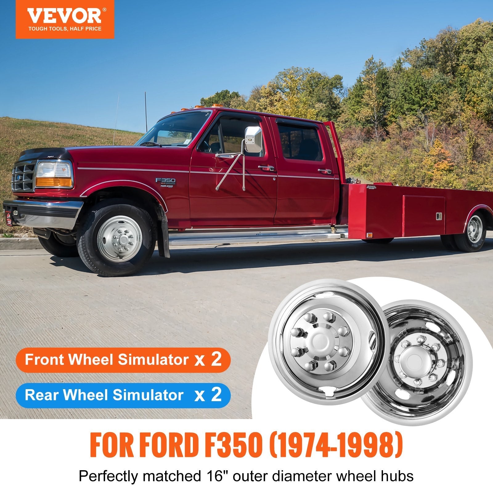 VEVOR 16-inch 8 Lug Wheel Simulators, 304 Stainless Steel Wheel Simulator Kit with Mirror Polished Finish, 2 Front and 2 Rear Wheel Covers Fit for Ford F350 (1974-1998), 4 pcs 
