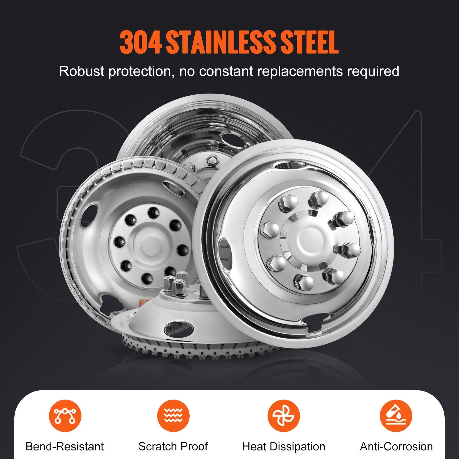 VEVOR 16-inch 8 Lug Wheel Simulators, 304 Stainless Steel Wheel Simulator Kit with Mirror Polished Finish, 2 Front and 2 Rear Wheel Covers Fit for Ford F350 (1974-1998), 4 pcs 