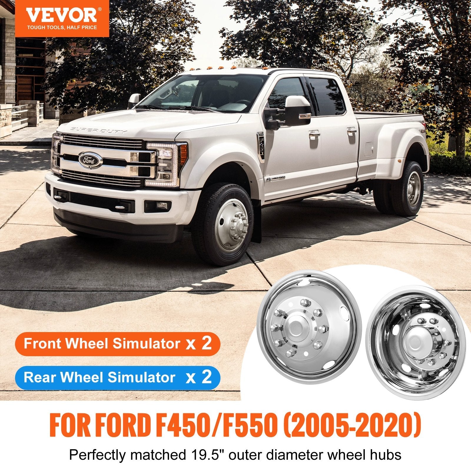 VEVOR 19.5-inch 10 Lug Wheel Simulators, 304 Stainless Steel Wheel Simulator Kit with Mirror Polished Finish, 2 Front and 2 Rear Wheel Covers Fit for Ford F450/F550 (2005-2020), 4 pcs 
