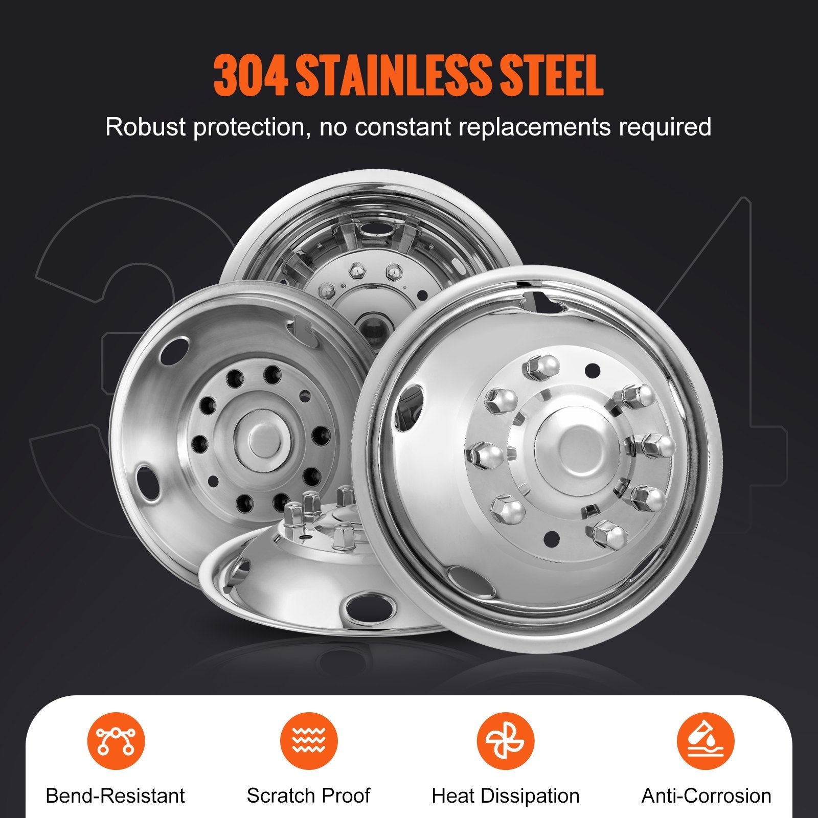 VEVOR 19.5-inch 10 Lug Wheel Simulators, 304 Stainless Steel Wheel Simulator Kit with Mirror Polished Finish, 2 Front and 2 Rear Wheel Covers Fit for Ford F450/F550 (2005-2020), 4 pcs 