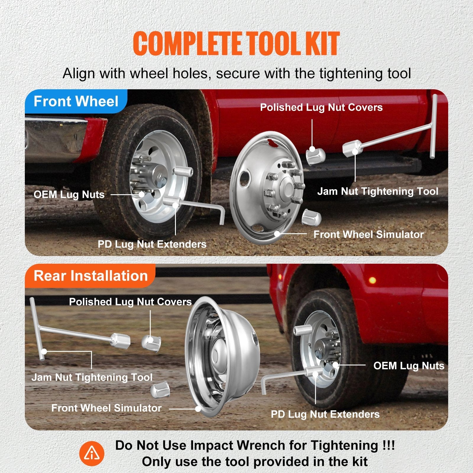 VEVOR 19.5-inch 10 Lug Wheel Simulators, 304 Stainless Steel Wheel Simulator Kit with Mirror Polished Finish, 2 Front and 2 Rear Wheel Covers Fit for Ford F450/F550 (2005-2020), 4 pcs 