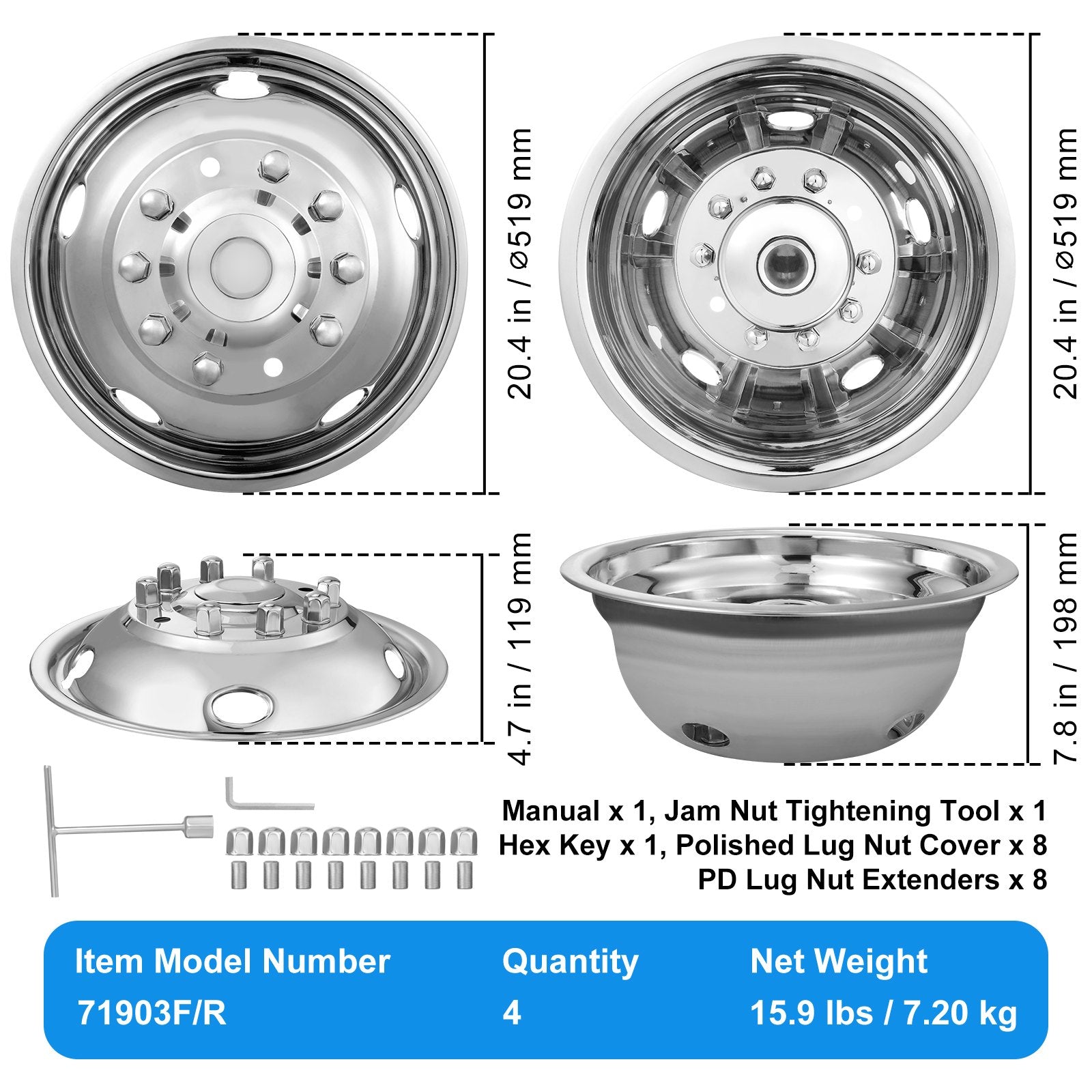 VEVOR 19.5-inch 10 Lug Wheel Simulators, 304 Stainless Steel Wheel Simulator Kit with Mirror Polished Finish, 2 Front and 2 Rear Wheel Covers Fit for Ford F450/F550 (2005-2020), 4 pcs 