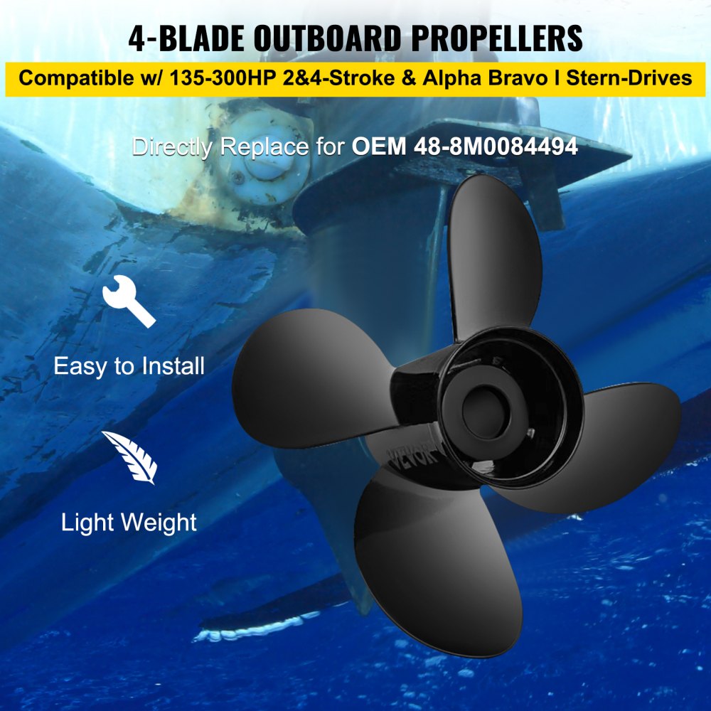 VEVOR Outboard Propeller, Replace for OEM 48-8M0084494, 4-Blade 14 1/2 x 17 Boat Propeller, Compatible w/ 135-300HP 2-Stroke & 4-Stroke Outboards, Alpha&Bravo I Stern-Drives, RH 