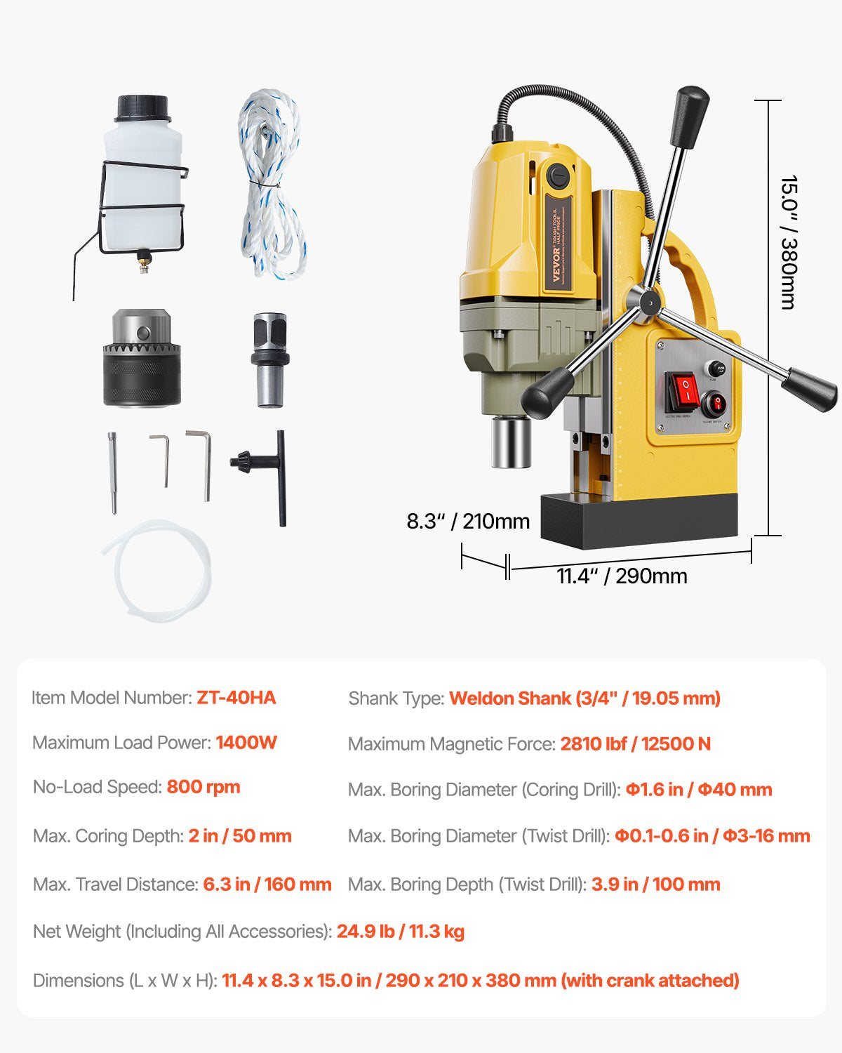 Magnetic Drill 1400W 2810 lbf Mag Drill Press 1.6 in Boring Diameter 800 RPM 