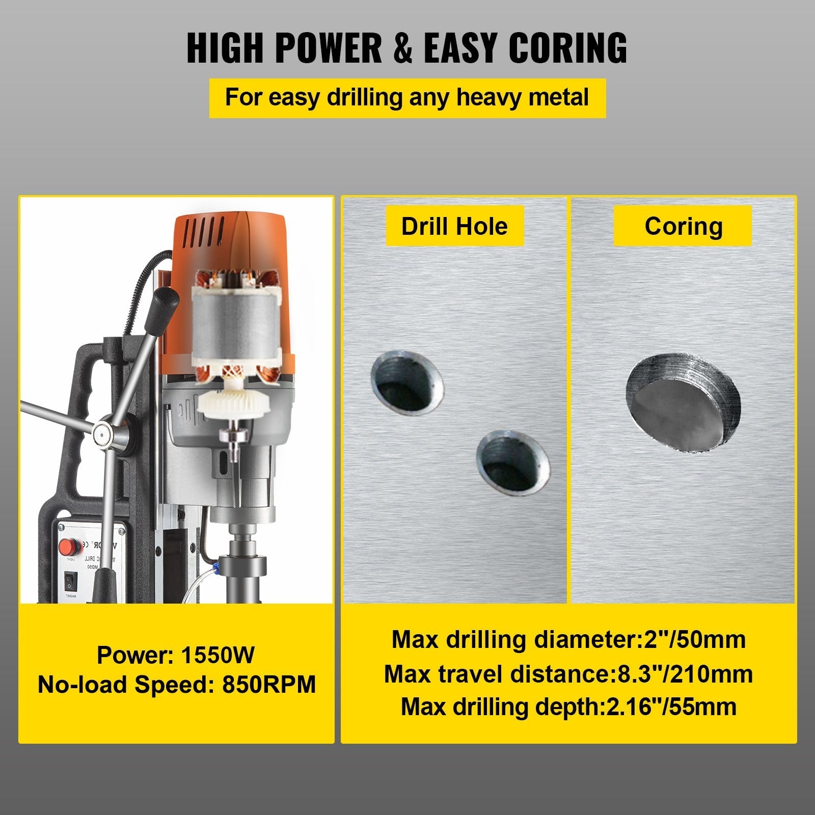 1680W MD50 Magnetic Drill 850 RPM Spindle Speed Electric Magnetic Drilling System with 2 Inch Boring Diameter and 2900 LBS Magnet Force 