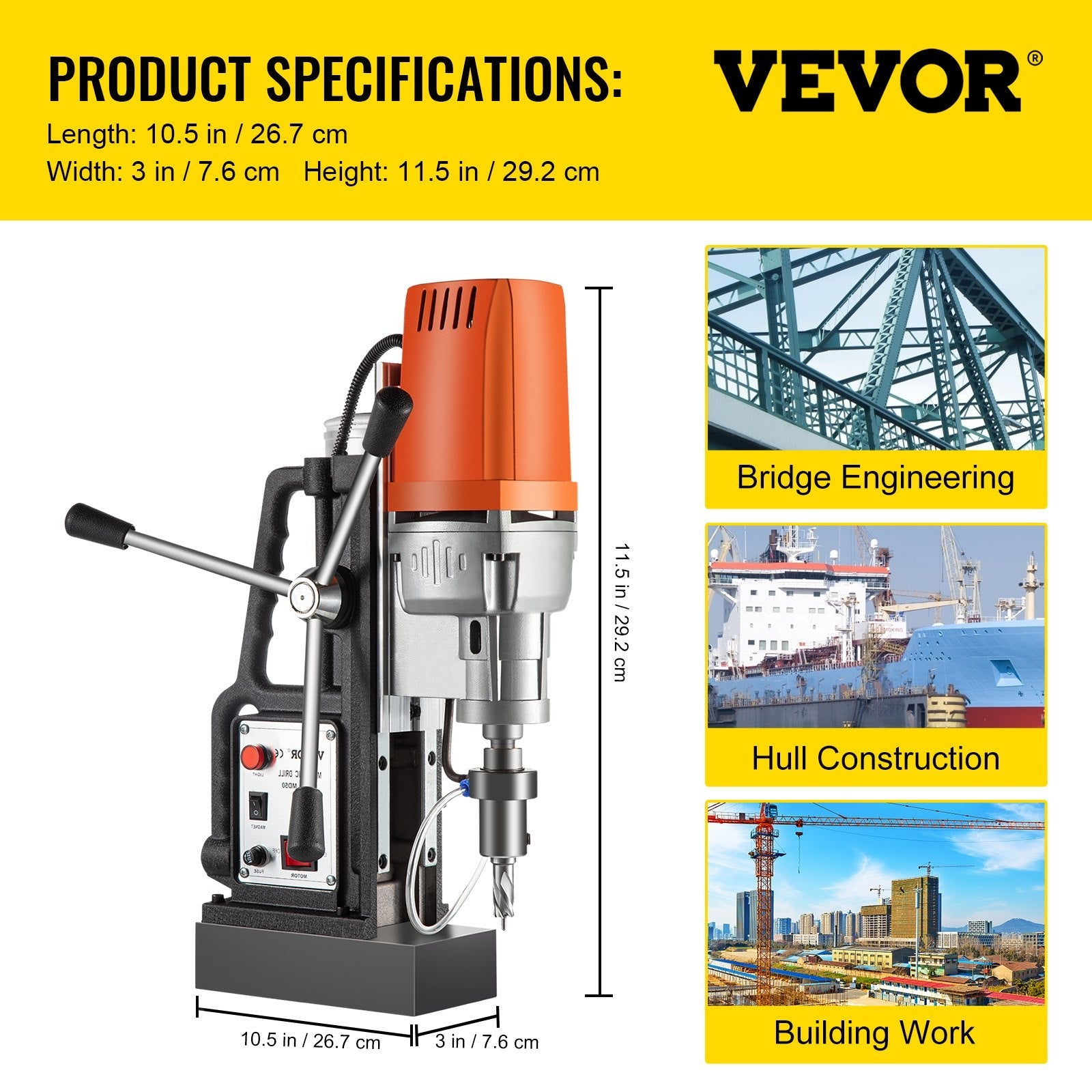 1680W MD50 Magnetic Drill 850 RPM Spindle Speed Electric Magnetic Drilling System with 2 Inch Boring Diameter and 2900 LBS Magnet Force 