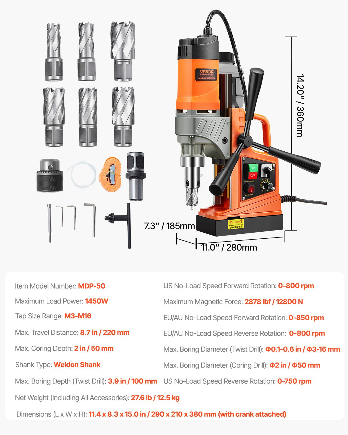 1450W Magnetic Drill Press – 2" Boring Capacity (Model MDP-50)
