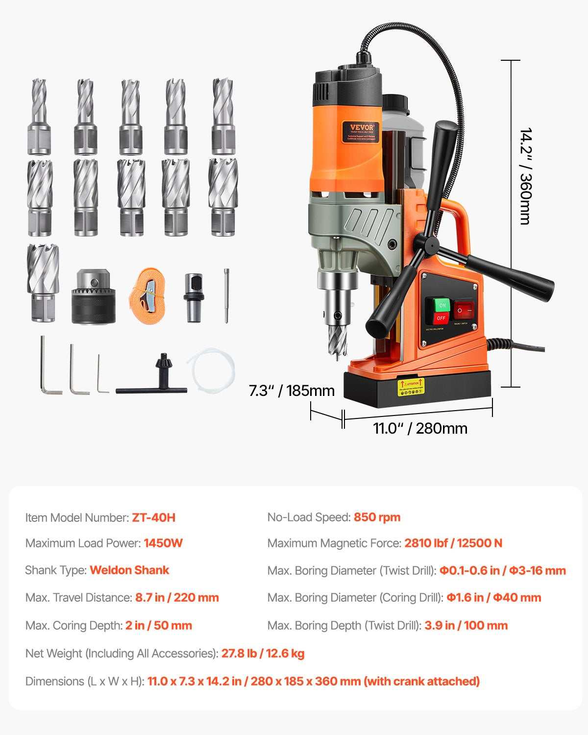 VEVOR Magnetic Drill, 1450W 1.57" Boring Diameter, 12500N 850 RPM Portable Electric Mag Drill Press, Drilling Machine for any Surface Home Improvement Industry Railway 