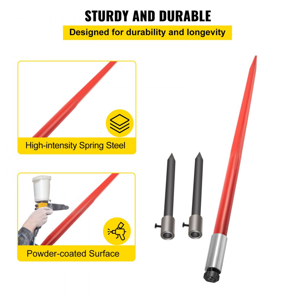 VEVOR Hay Spear 49" Bale Spear 3000 lbs Capacity, Bale Spike Quick Attach Square Hay Bale Spears, Red Coated Bale Forks, Bale Hay Spike with 2 Stabilizer Spears 