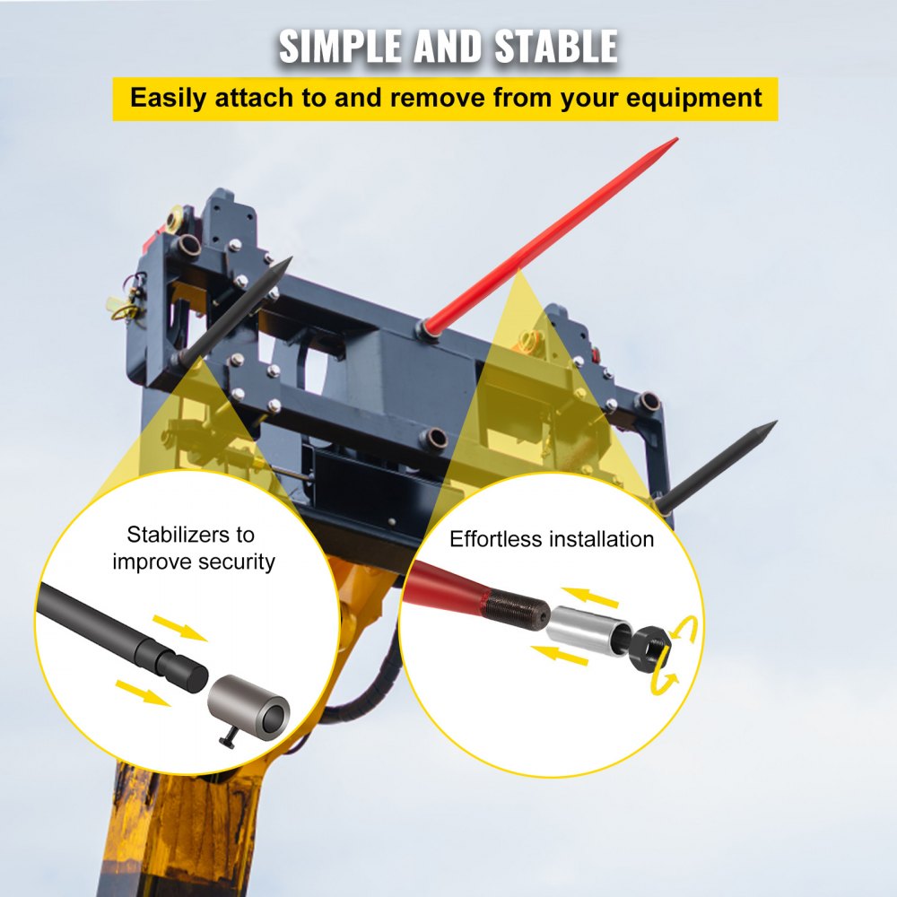 VEVOR Hay Spear 49" Bale Spear 3000 lbs Capacity, Bale Spike Quick Attach Square Hay Bale Spears, Red Coated Bale Forks, Bale Hay Spike with 2 Stabilizer Spears 