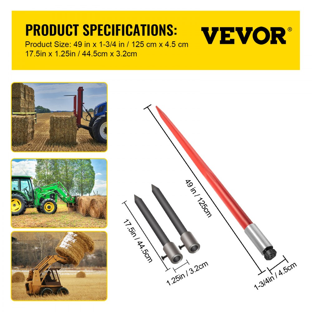 VEVOR Hay Spear 49" Bale Spear 3000 lbs Capacity, Bale Spike Quick Attach Square Hay Bale Spears, Red Coated Bale Forks, Bale Hay Spike with 2 Stabilizer Spears 
