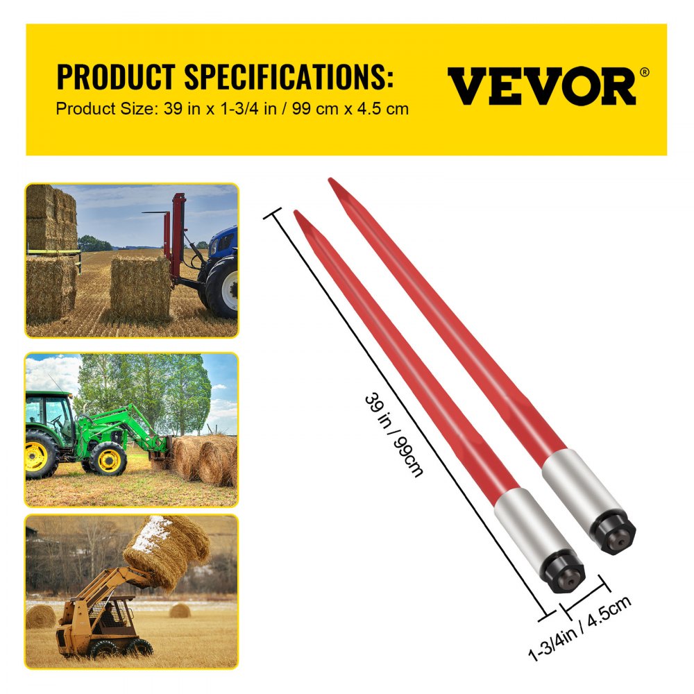 Vevor Hay Spears 2 Square 39" Hay Bale Spear 3000lbs 1 3/4" Wide Bale Fork/spike 