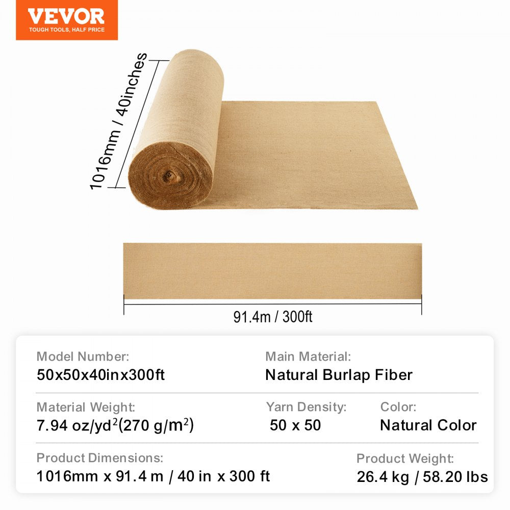 VEVOR Burlap Fabric Roll Burlap Tree Wrap 40 in x 300 ft for Crafts & Plants 