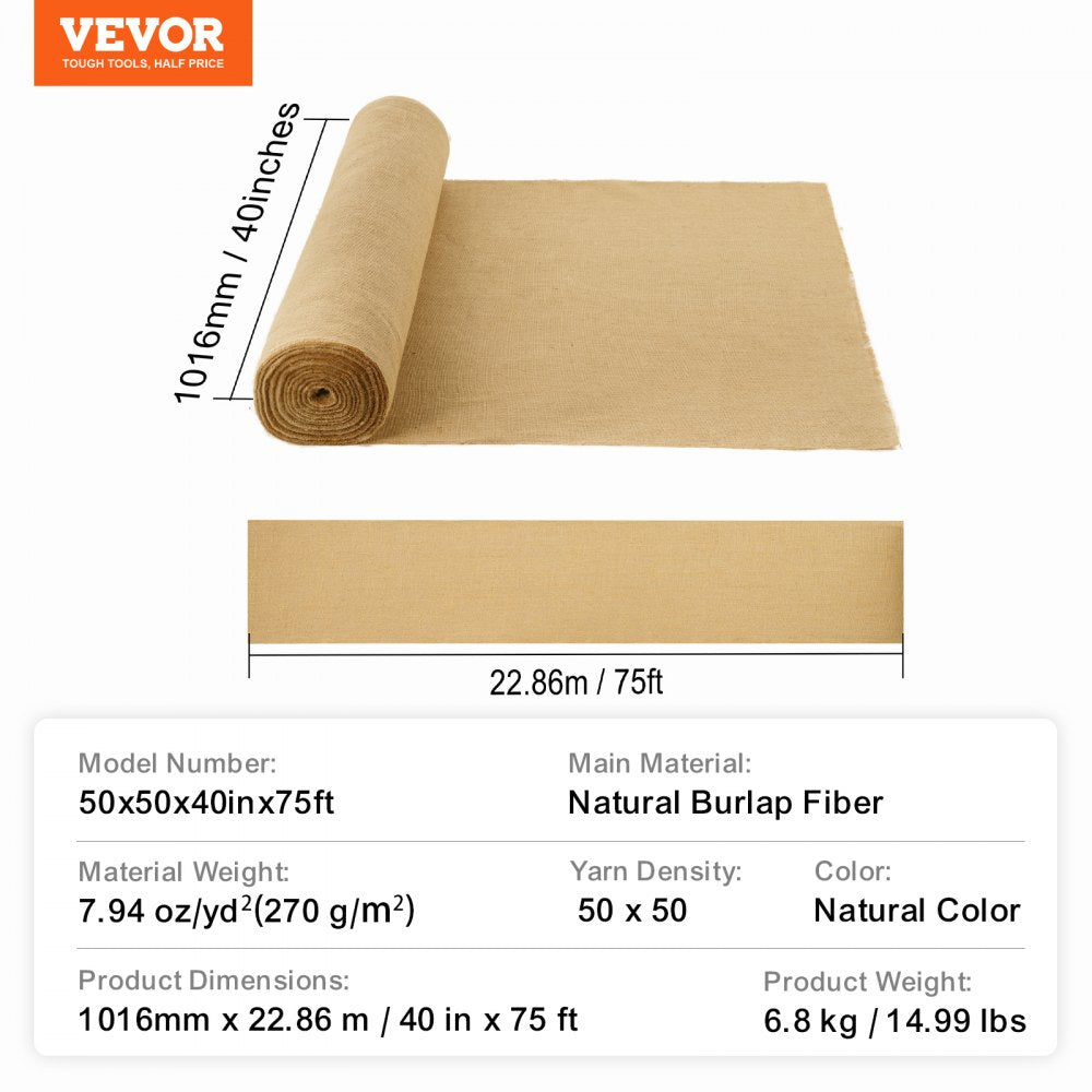 VEVOR Burlap Fabric Roll Burlap Tree Wrap 40 in x 75 ft for Crafts & Plants 