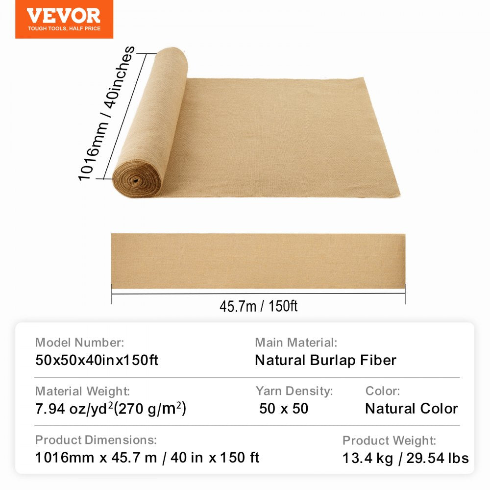 VEVOR Burlap Fabric Roll Burlap Tree Wrap 40 in x 150 ft for Crafts & Plants 