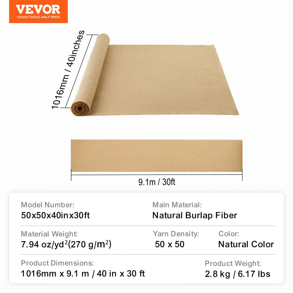 VEVOR Burlap Fabric Roll Burlap Tree Wrap 40 in x 30 ft for Crafts & Plants 