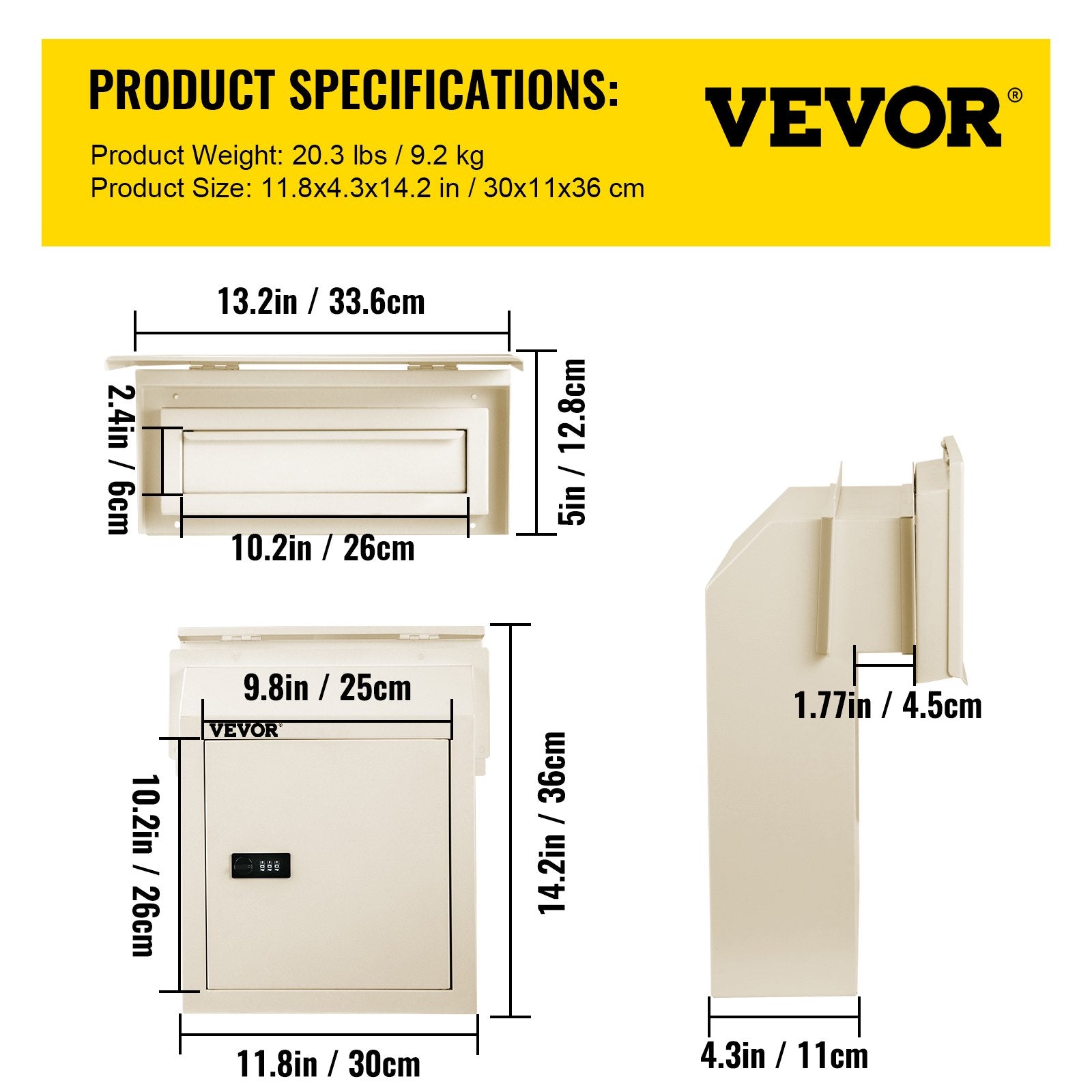 VEVOR Through-The-Door Locking Drop Box Door Drop Box 11.8''x4.3''x14.2'' Beige 
