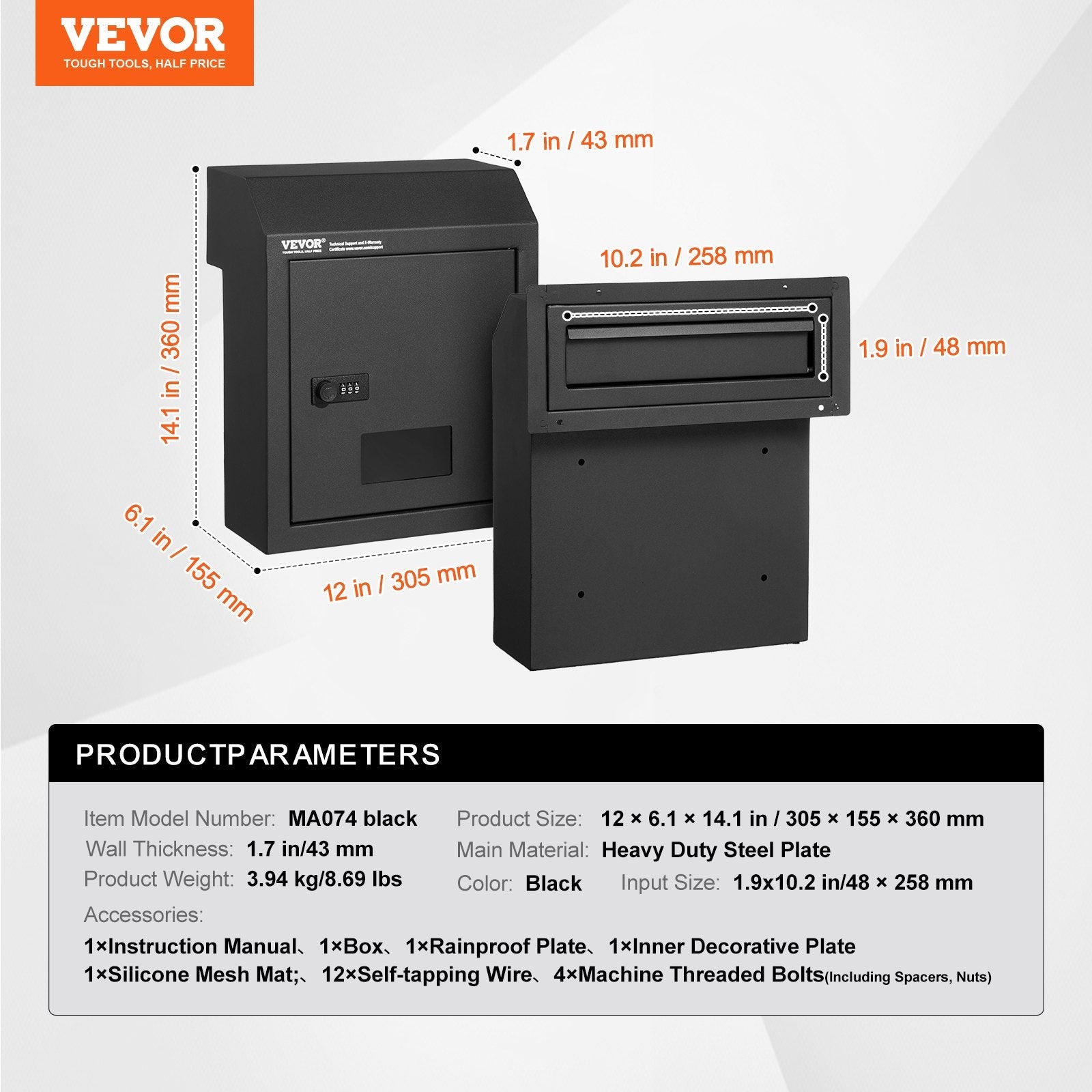 VEVOR Through The Door Key Drop Box, Heavy Duty Steel Through the Door Mailbox with 12" Combination Lock, Mail Drop Box, Black 