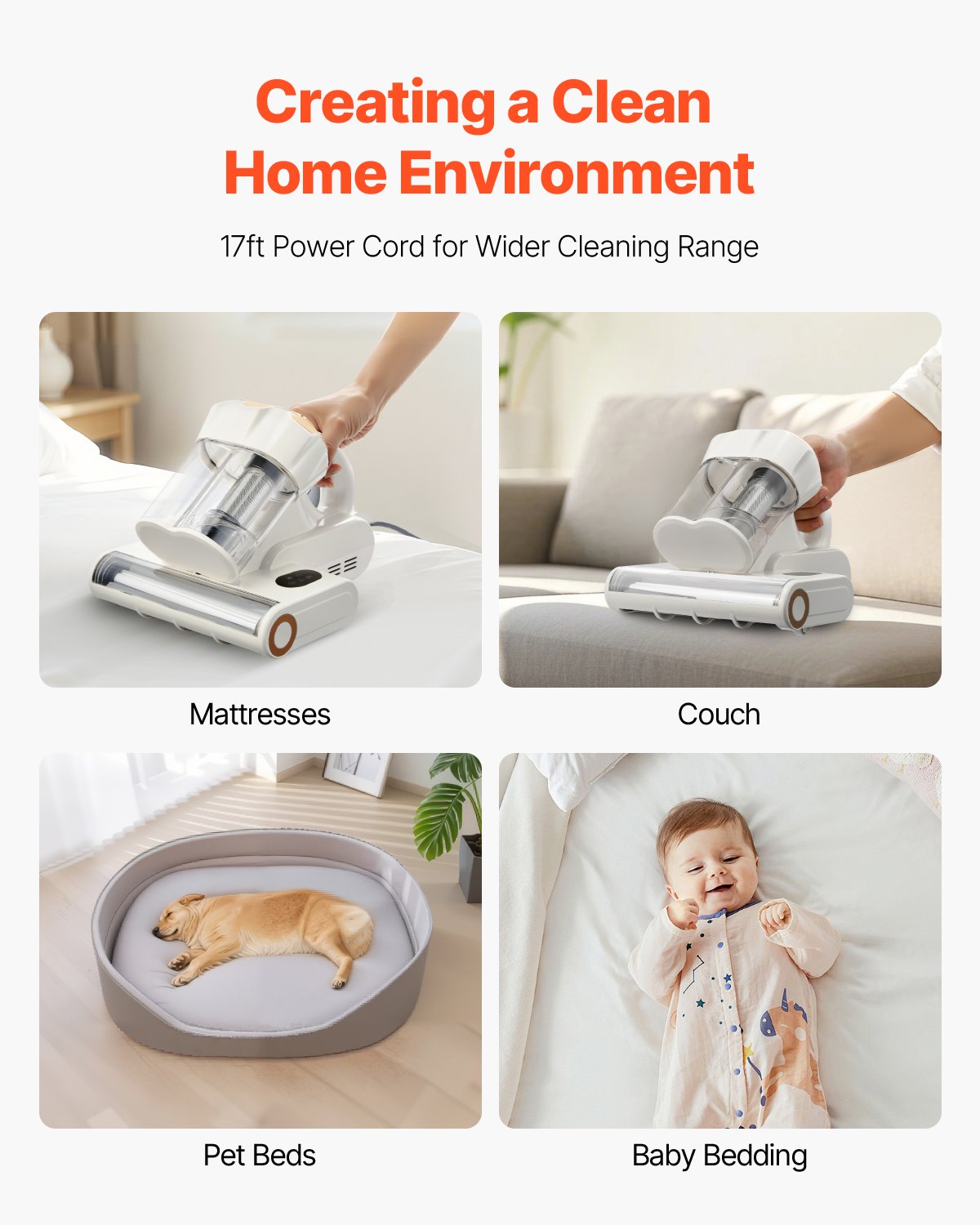 Vevor Mattress Vacuum Cleaner with 18Kpa Powerful Suction HEPA Filter 550W White 