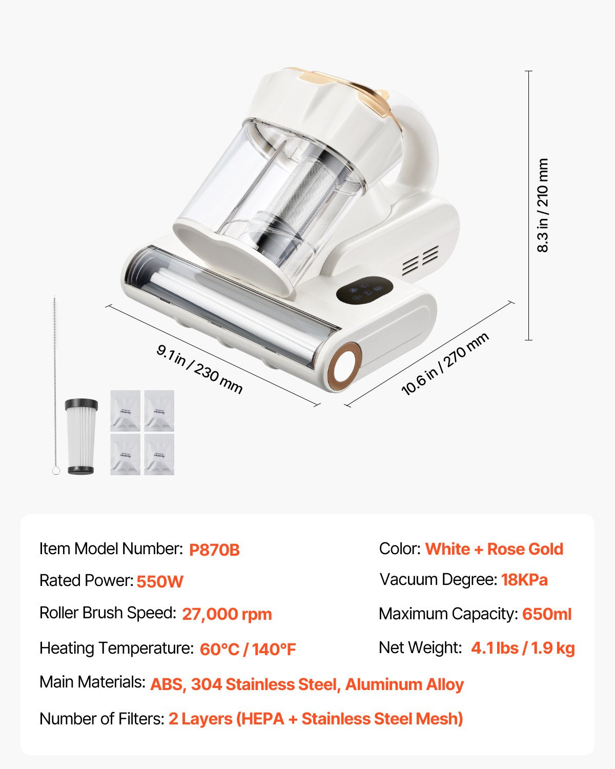 Vevor Mattress Vacuum Cleaner with 18Kpa Powerful Suction HEPA Filter 550W White 