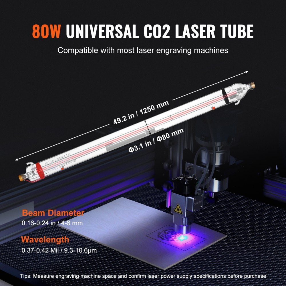 VEVOR 90W CO2 Laser Tube 49.2 in / 1250 mm Borosilicate Glass Laser Cutter Tube 
