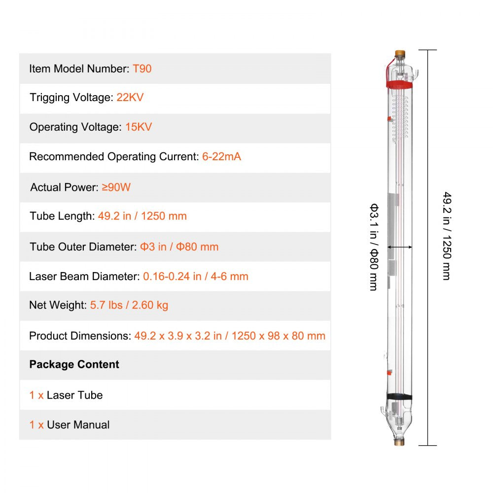 VEVOR 90W CO2 Laser Tube 49.2 in / 1250 mm Borosilicate Glass Laser Cutter Tube 