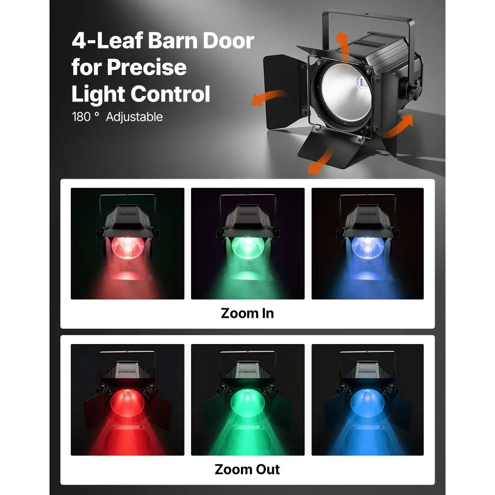 200W 6-in-1 COB PAR Stage Light with Barn Doors – RGBWA-UV Spotlight with DMX, Sound & Auto Modes