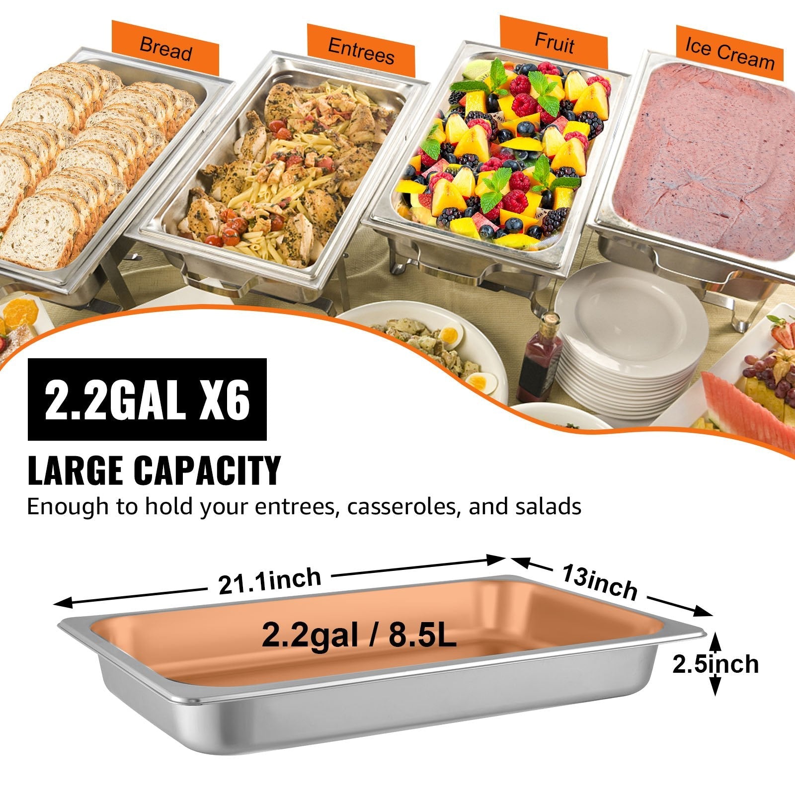 VEVOR Hotel Pan 2.5 Deep 6 Packs Steam Table Pan Full Size 9 Quart Stainless Steel Steam Table Pan 