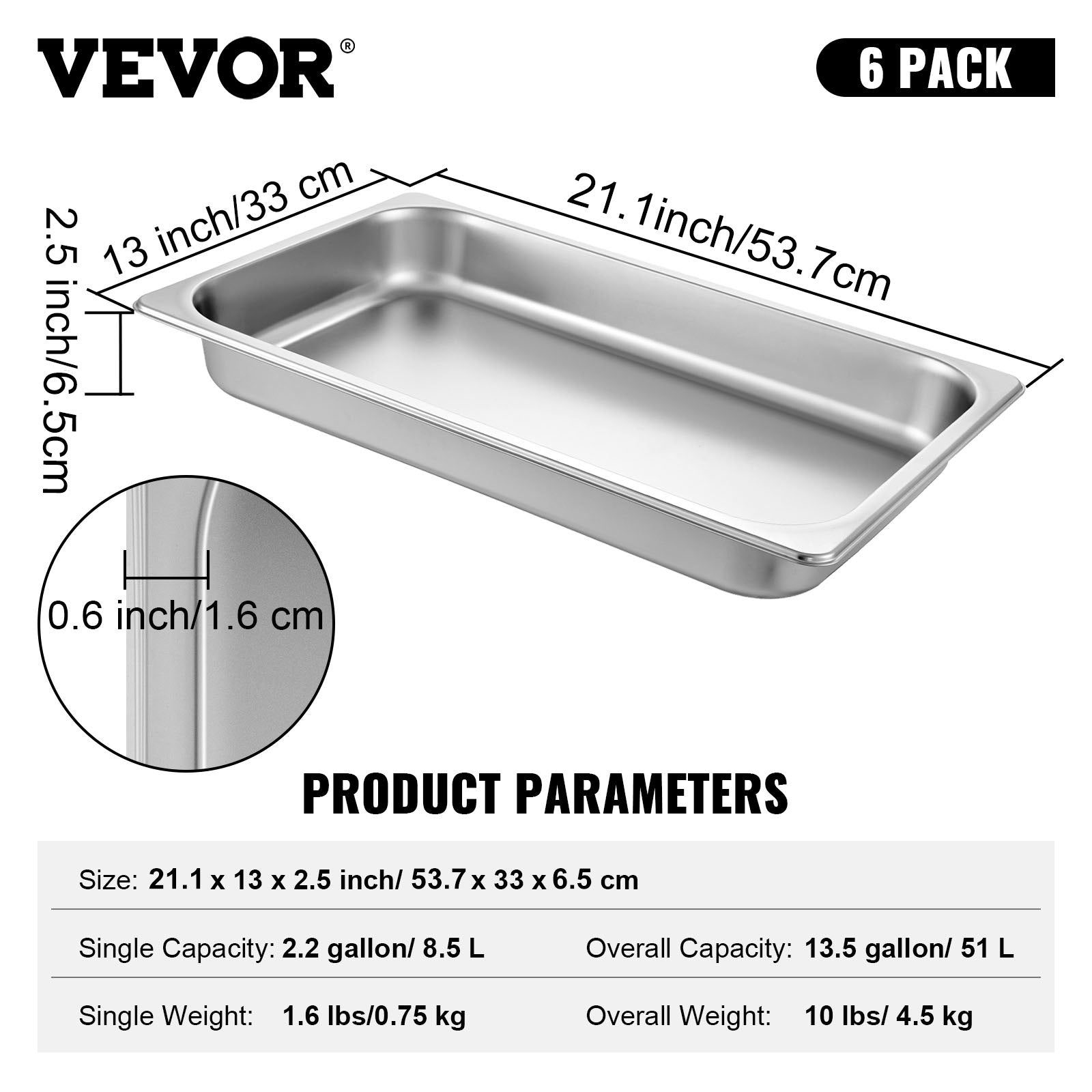 VEVOR Hotel Pan 2.5 Deep 6 Packs Steam Table Pan Full Size 9 Quart Stainless Steel Steam Table Pan 