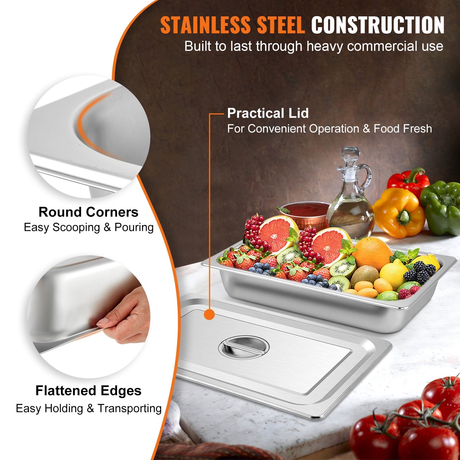 VEVOR 4 Pack Hotel Pan 4" Deep Steam Table Pan Full Size with Lid 20.8" L x 12.8" W Hotel Pan 22 Gauge Stainless Steel Anti Jam Steam Table Pan 