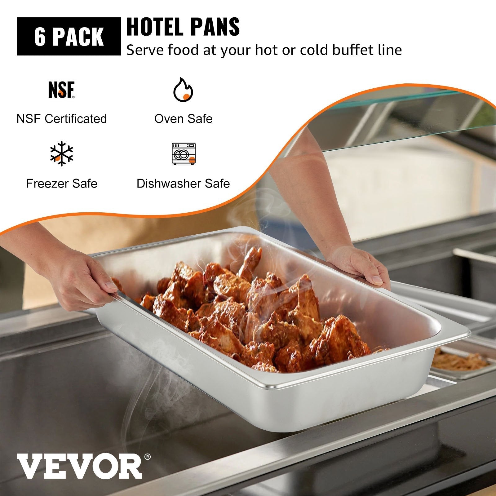VEVOR 6 Pack Steam Table Pans 20.9 x 12.8 x 3.9 Inch Deep Steam Table Pan Full Size 13L Deep Food Container Stainless Steel Oven Tray Hotel Pans Anti-Jam Steam Table Food Pan 