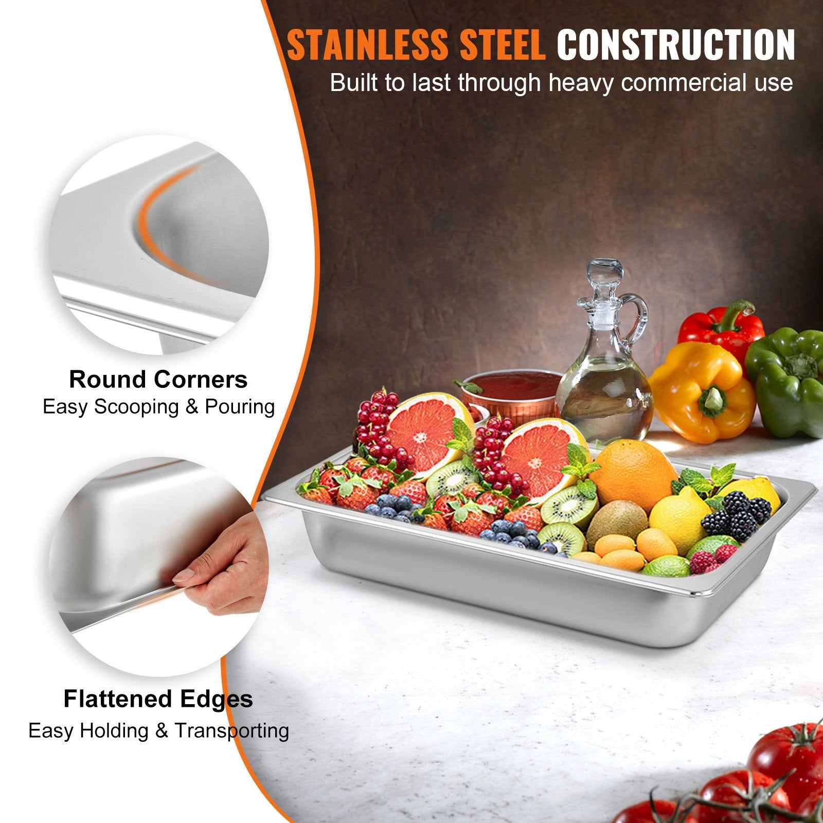 VEVOR 6 Pack Steam Table Pans 20.9 x 12.8 x 3.9 Inch Deep Steam Table Pan Full Size 13L Deep Food Container Stainless Steel Oven Tray Hotel Pans Anti-Jam Steam Table Food Pan 