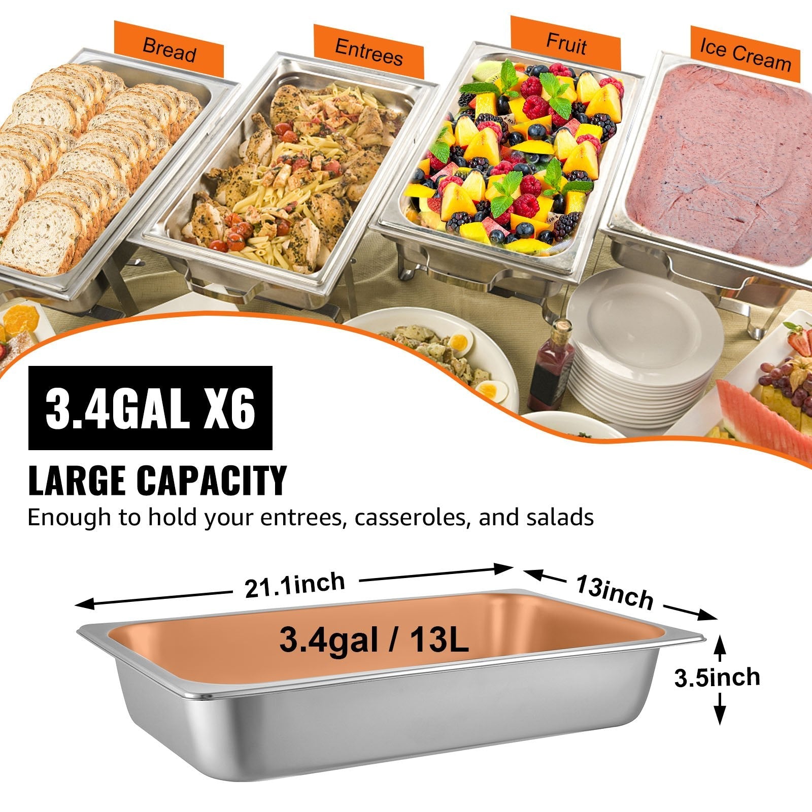 VEVOR 6 Pack Steam Table Pans 20.9 x 12.8 x 3.9 Inch Deep Steam Table Pan Full Size 13L Deep Food Container Stainless Steel Oven Tray Hotel Pans Anti-Jam Steam Table Food Pan 