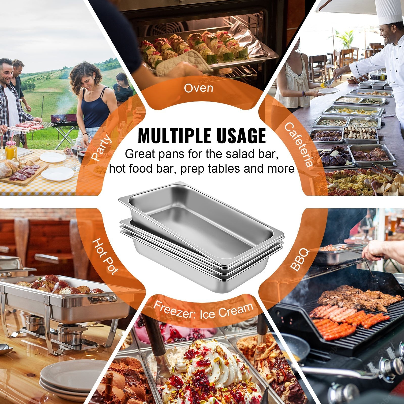 VEVOR 6 Pack Steam Table Pans 20.9 x 12.8 x 3.9 Inch Deep Steam Table Pan Full Size 13L Deep Food Container Stainless Steel Oven Tray Hotel Pans Anti-Jam Steam Table Food Pan 